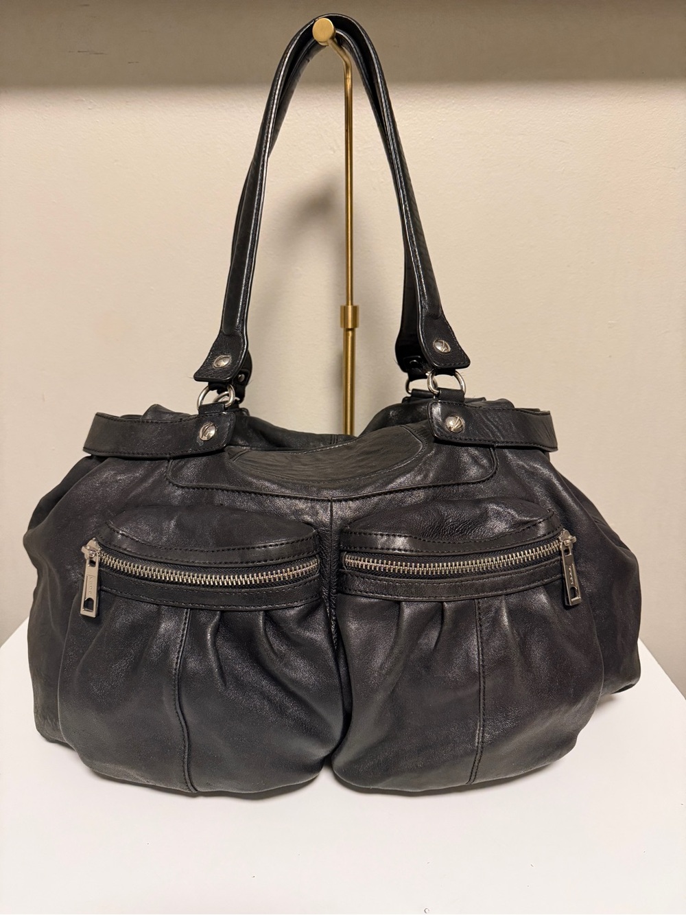 L.A.M.B. Gwen Stefani Black Leather Hobo Bag Shoulder Purse Vintage Cargo Pocket - Picture 1 of 14